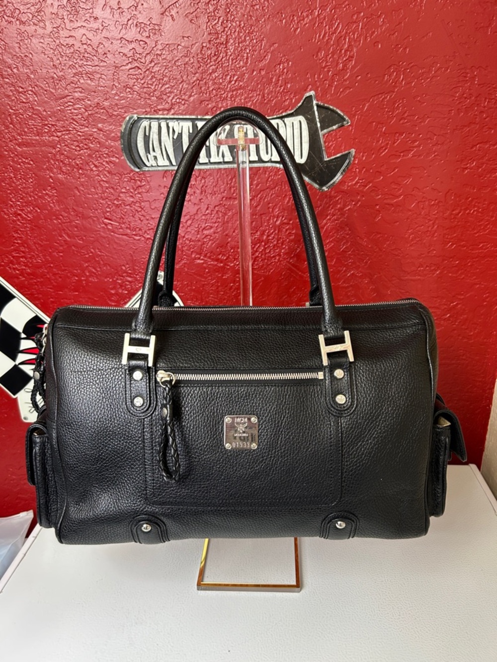 MCM Black Leather Duffel Bag with Silver Hardware